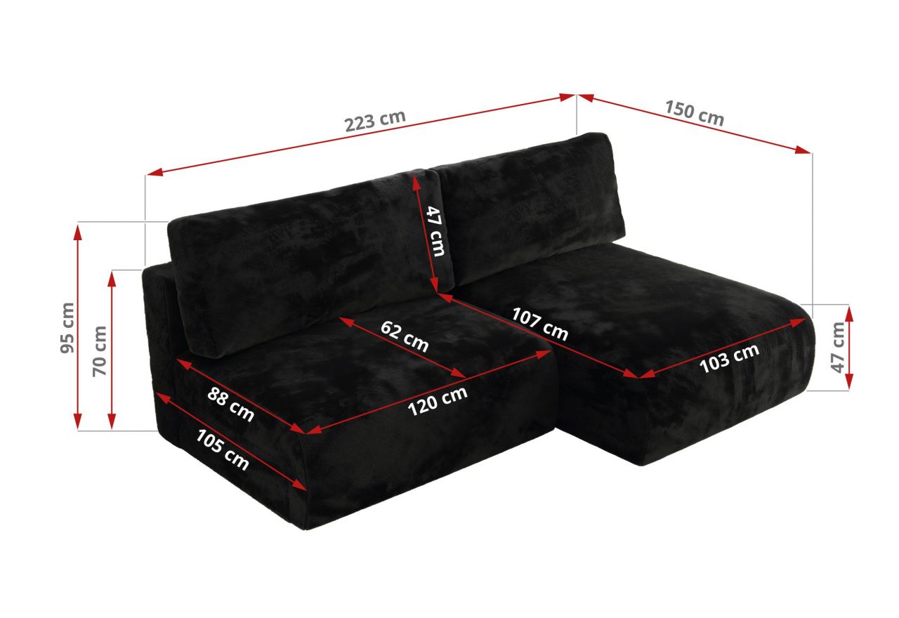 Narożnik VIVO L - strona lewa - czarny, plusz