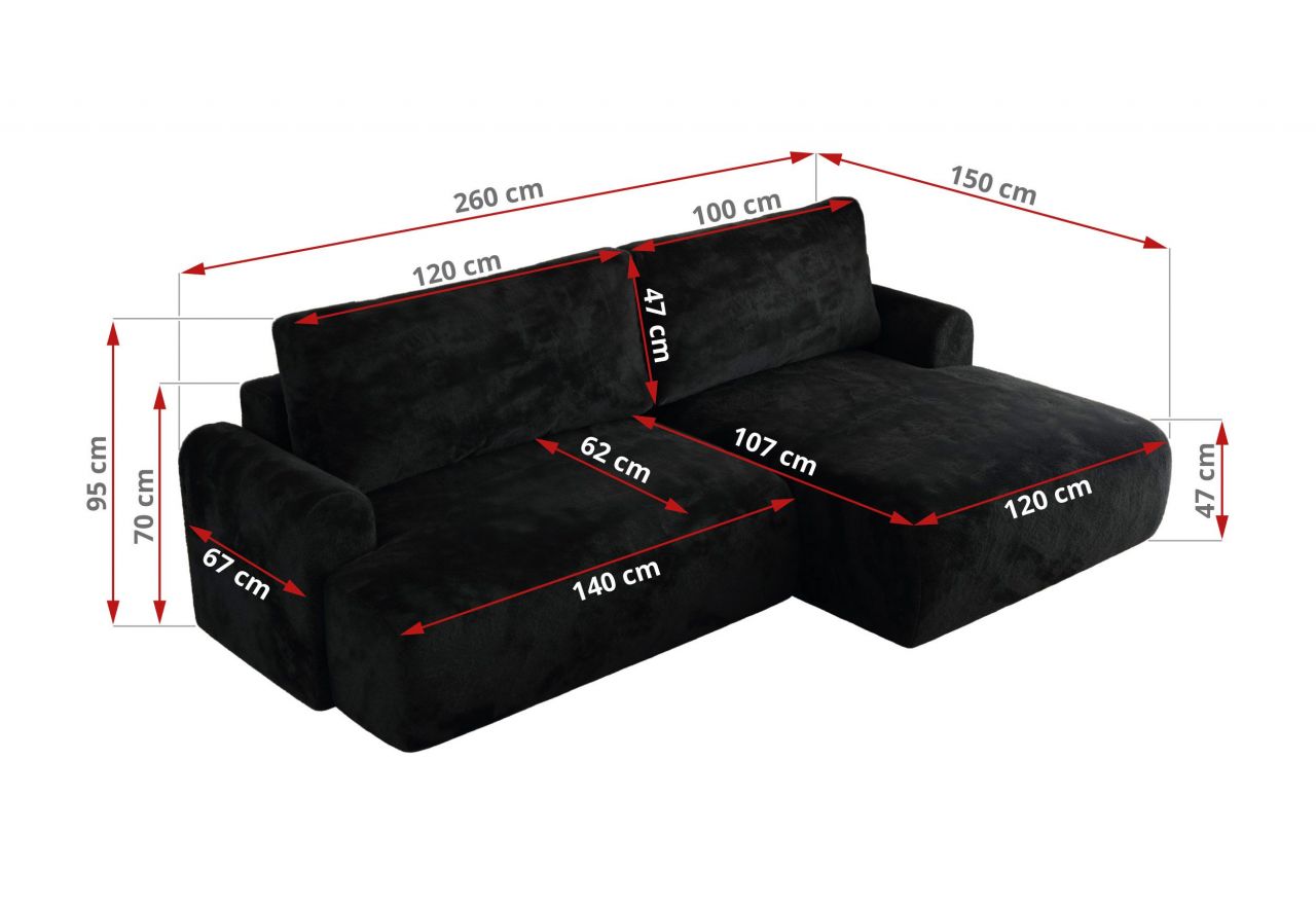 Narożnik TONO L - strona lewa - czarny, plusz