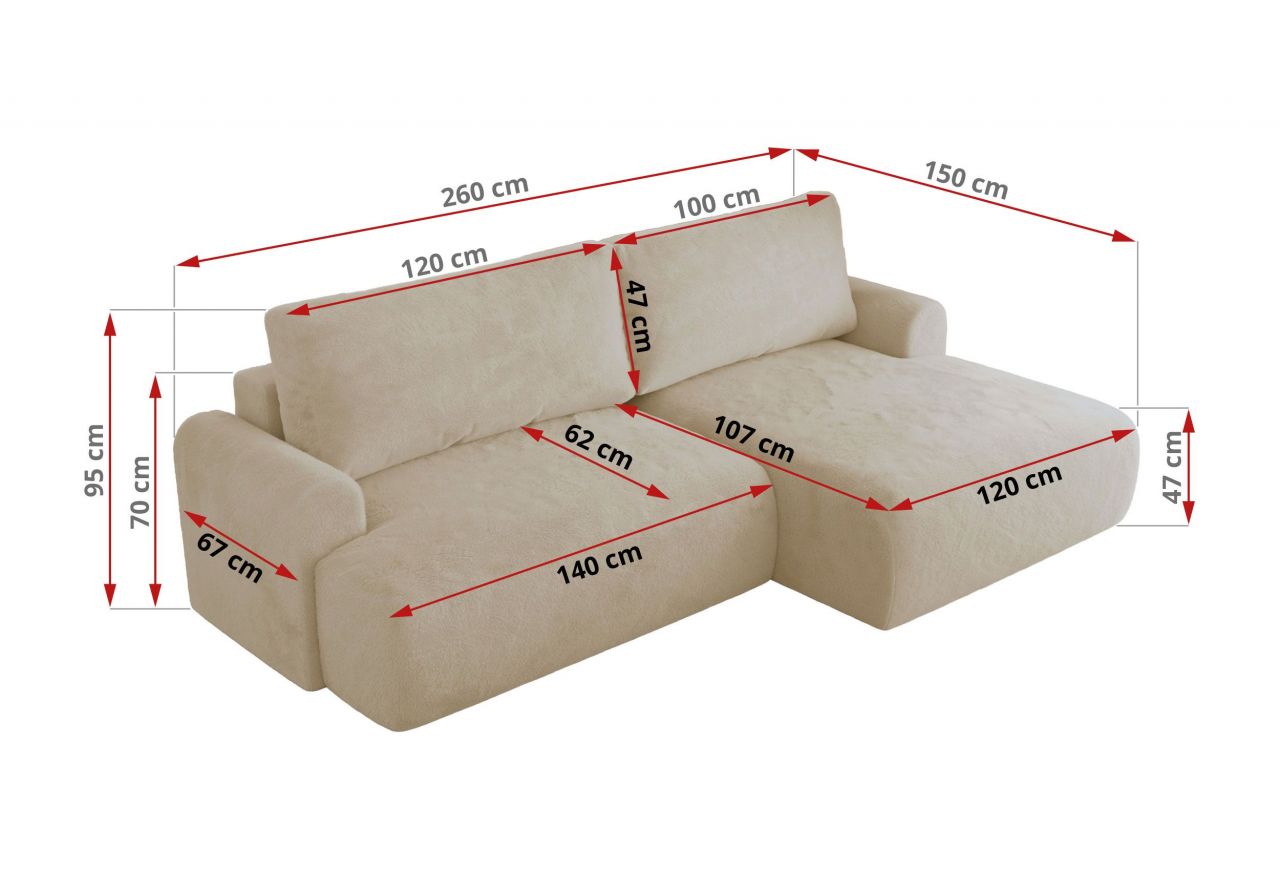 Narożnik TONO L - strona lewa - kremowy, plusz