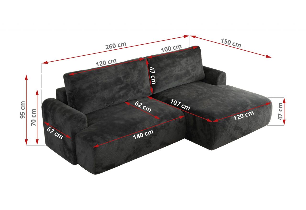 Narożnik TONO L - strona prawa - ciemnoszary, plusz