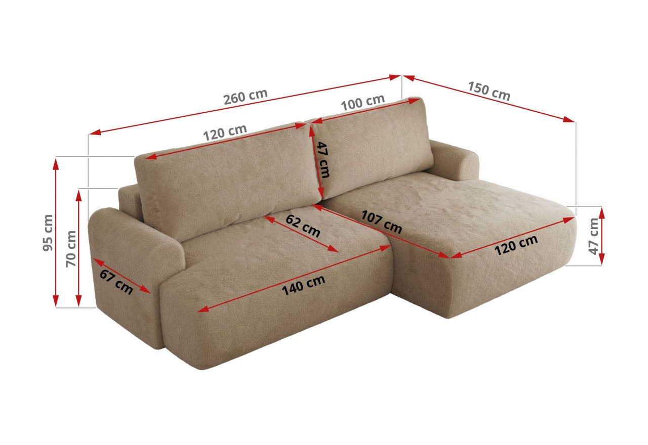 Narożnik TONO L - strona prawa - beżowy, plusz