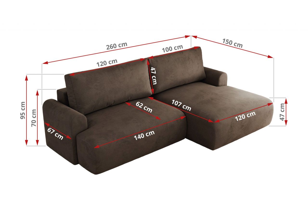 Narożnik TONO L - strona prawa - brązowy, welvet