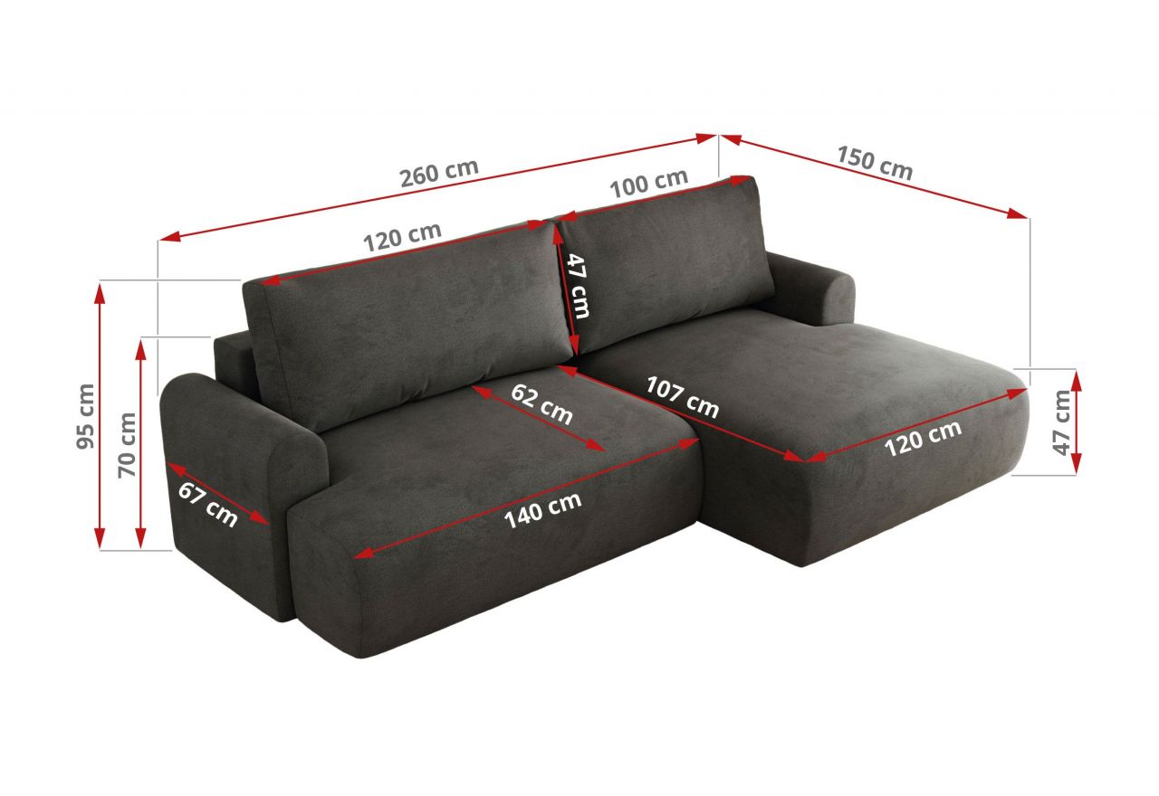 Narożnik TONO L - strona prawa - ciemnoszary, welvet