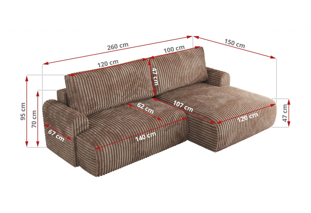 Narożnik TONO L - strona prawa - brązowy, sztruks