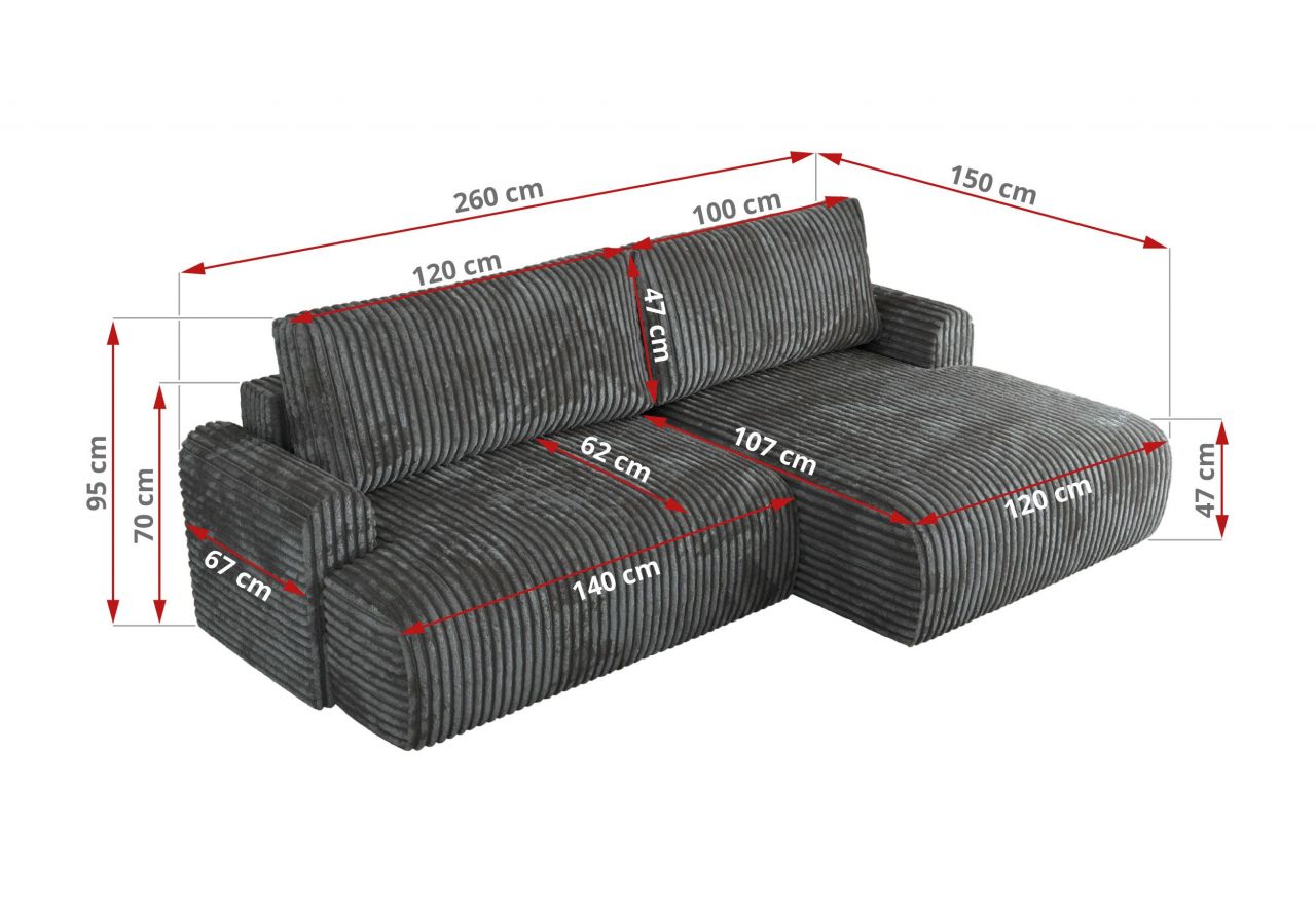 Narożnik TONO L - strona prawa - szary, sztruks