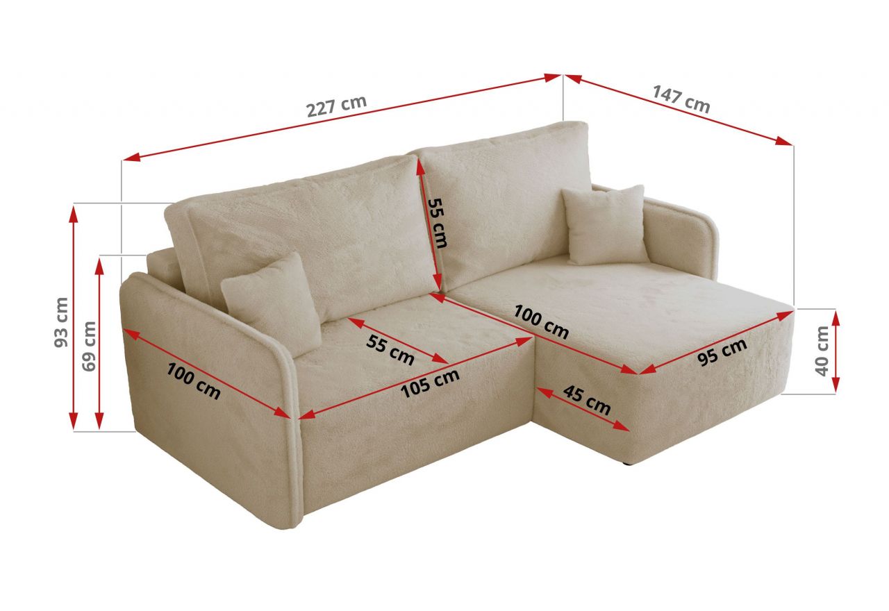 Narożnik MESTO L - strona prawa - kremowy, plusz