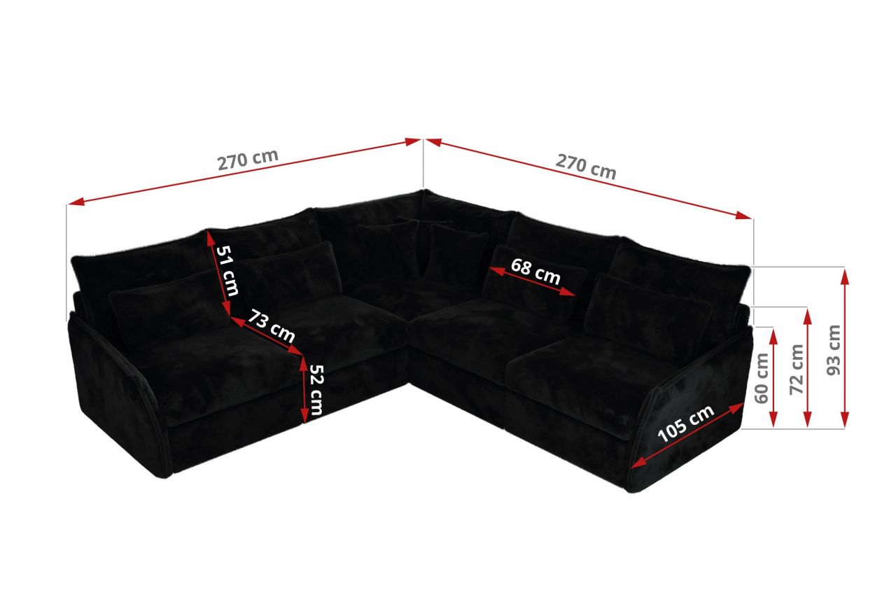 Narożnik VERSO L - uniwersalny - czarny, plusz