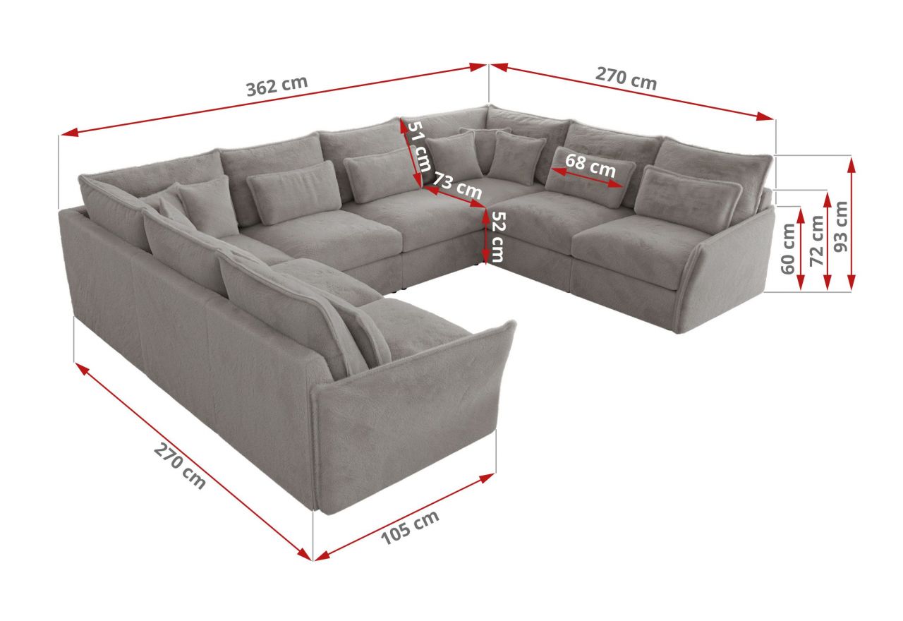 Narożnik - VERSO U 8M - uniwersalny - jasnoszary, plusz