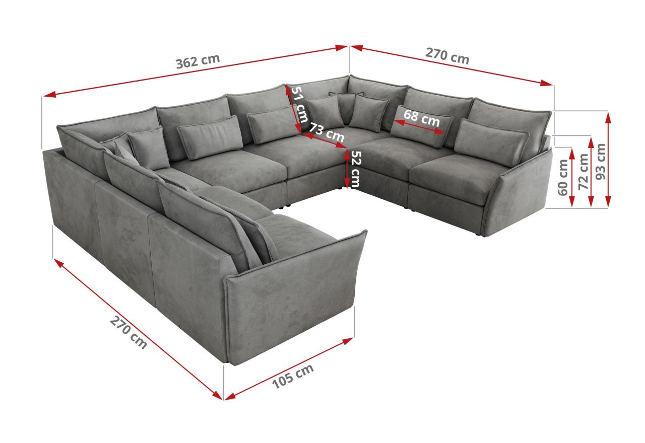 Narożnik - VERSO U 8M - uniwersalny - jasnoszary, welvet