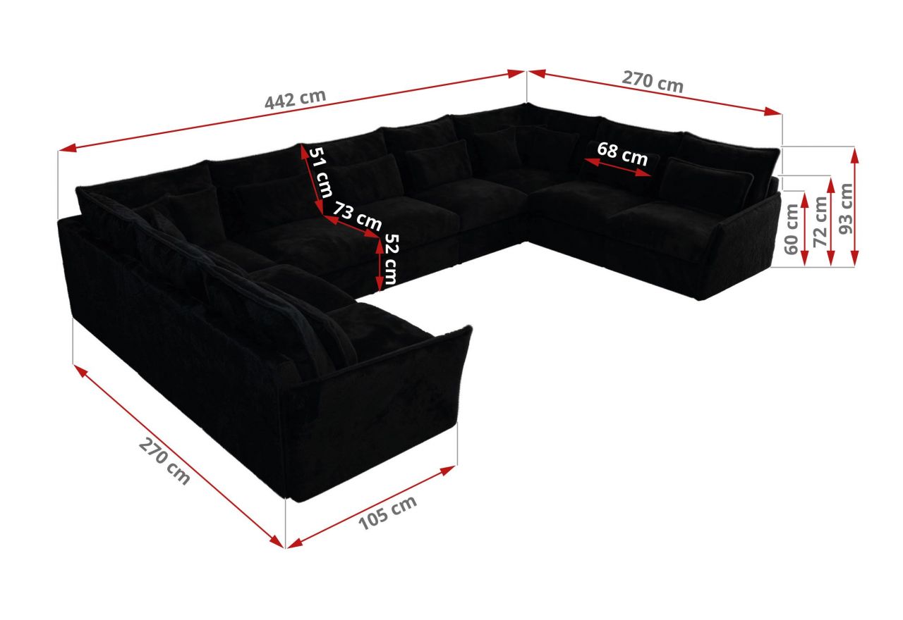 Narożnik - VERSO U 9M - uniwersalny - czarny, plusz