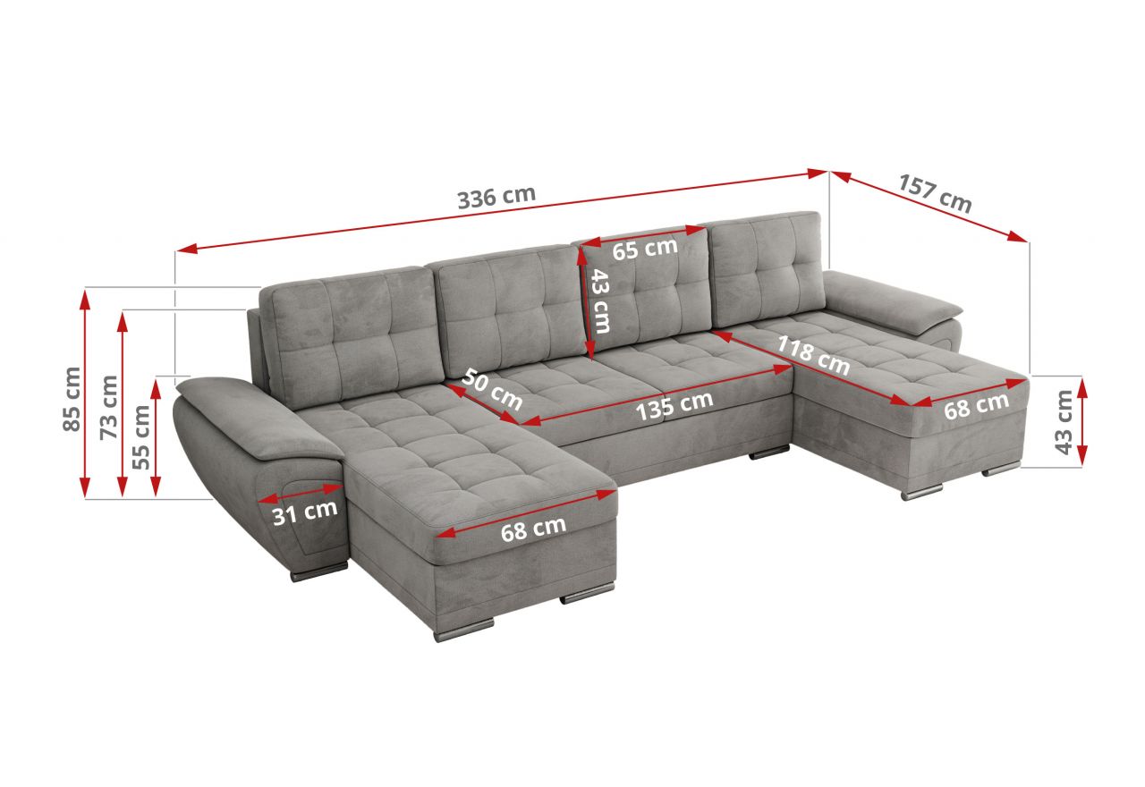 Narożnik UMBRIA U - uniwersalny - jasnoszary, welwet