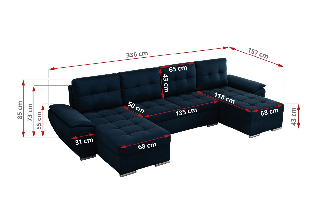 Narożnik UMBRIA U - uniwersalny - ciemnoniebieski, welwet