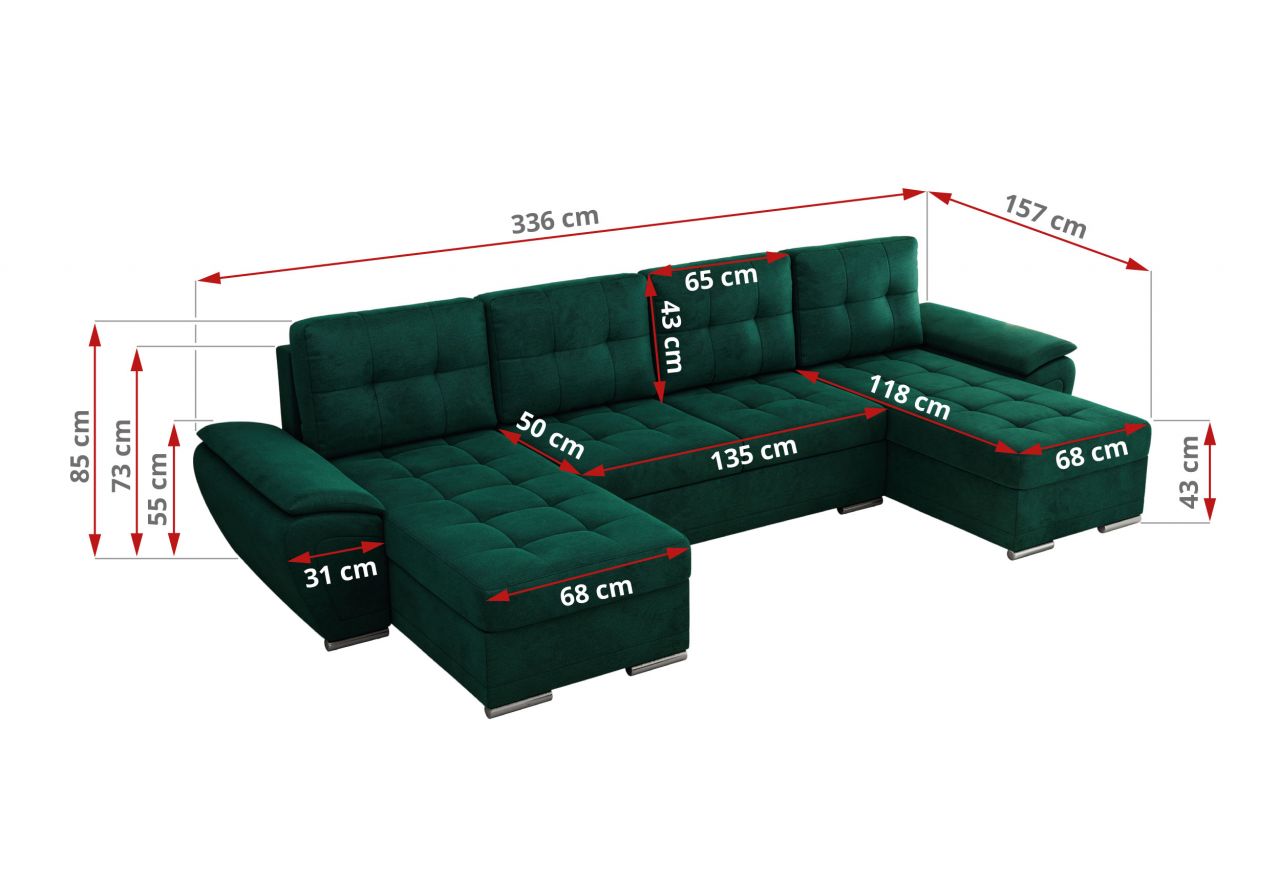 Narożnik UMBRIA U - uniwersalny - ciemnozielony, welwet