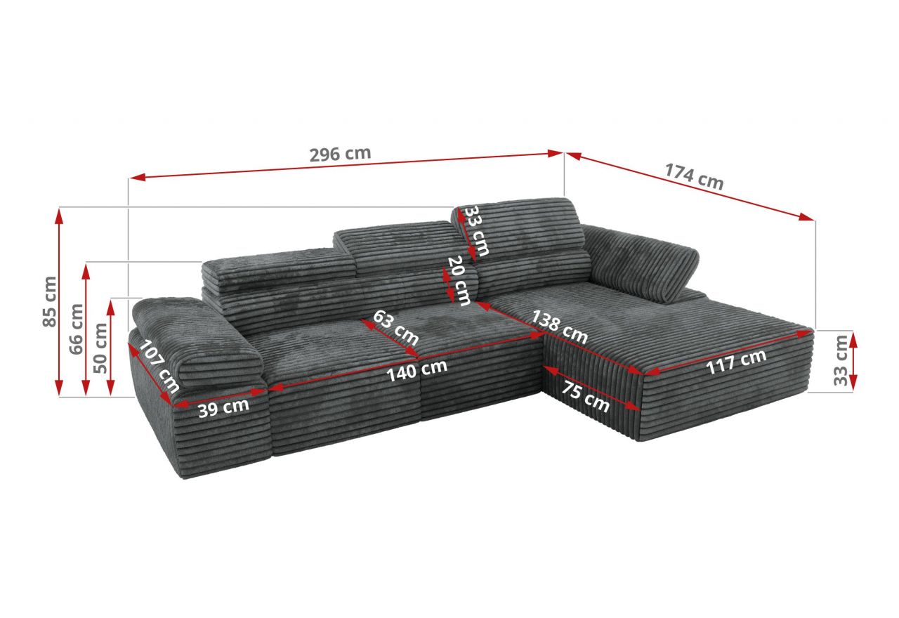 Narożnik z elektrycznym sterowaniem RILASSO L - strona prawa - szary, sztruks