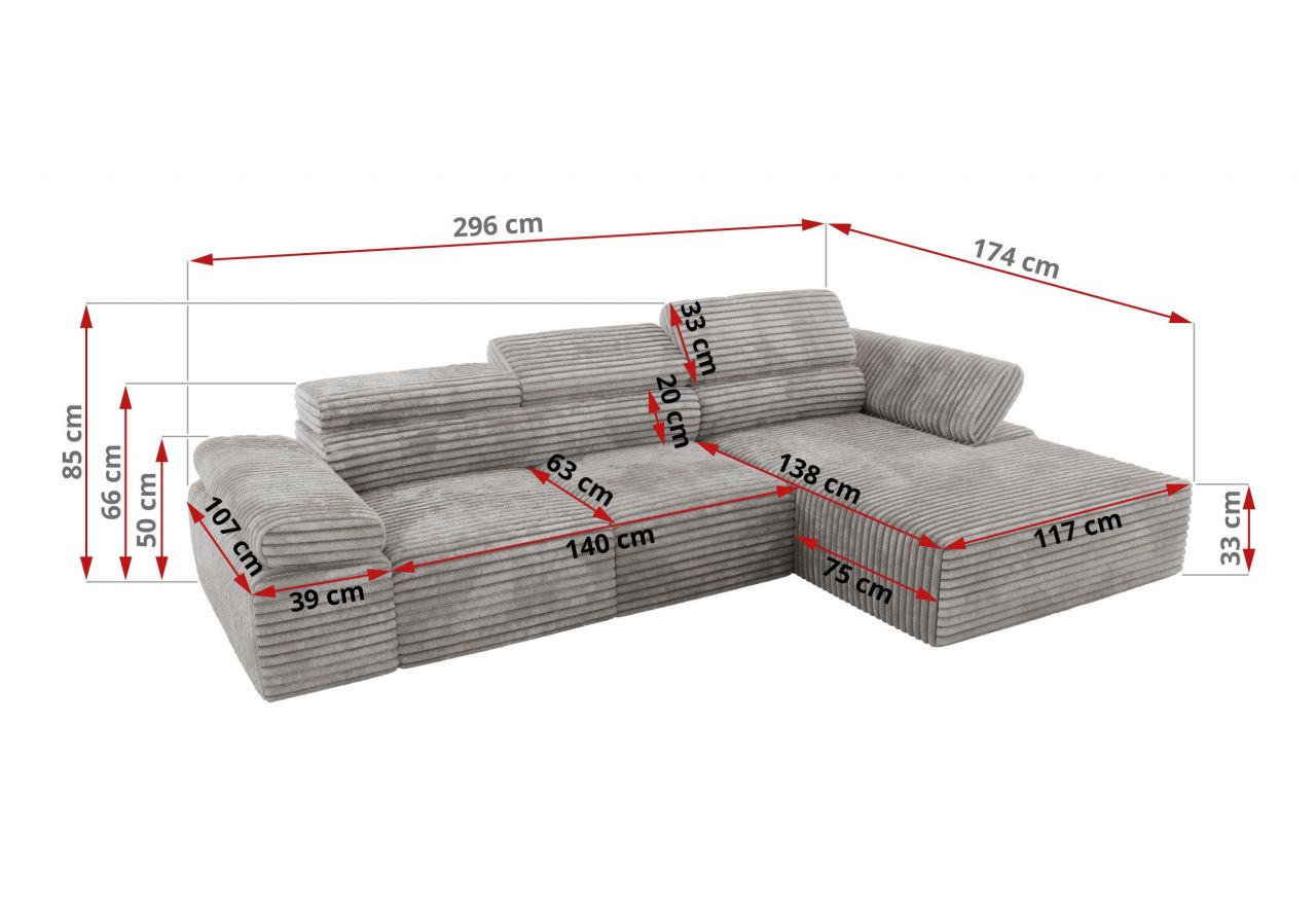 Narożnik z elektrycznym sterowaniem RILASSO L - strona prawa - jasnoszary, sztruks