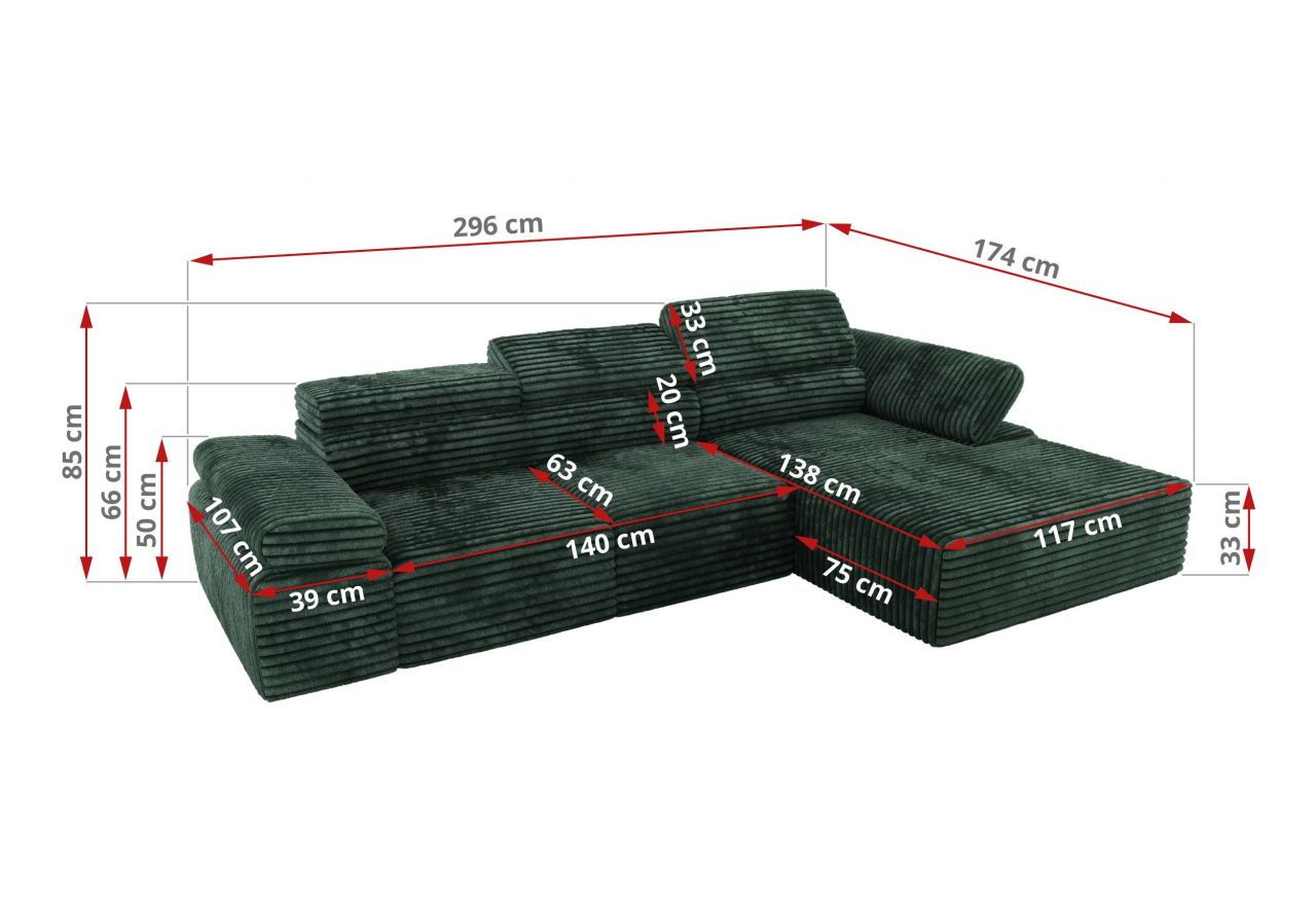 Narożnik z elektrycznym sterowaniem RILASSO L - strona prawa - zielony, sztruks