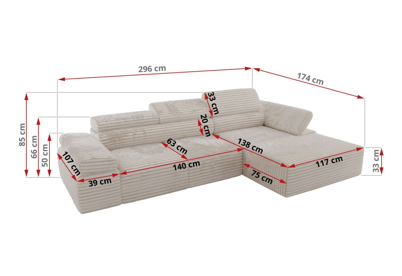 Narożnik z elektrycznym sterowaniem RILASSO L - strona prawa - beżowy, sztruks
