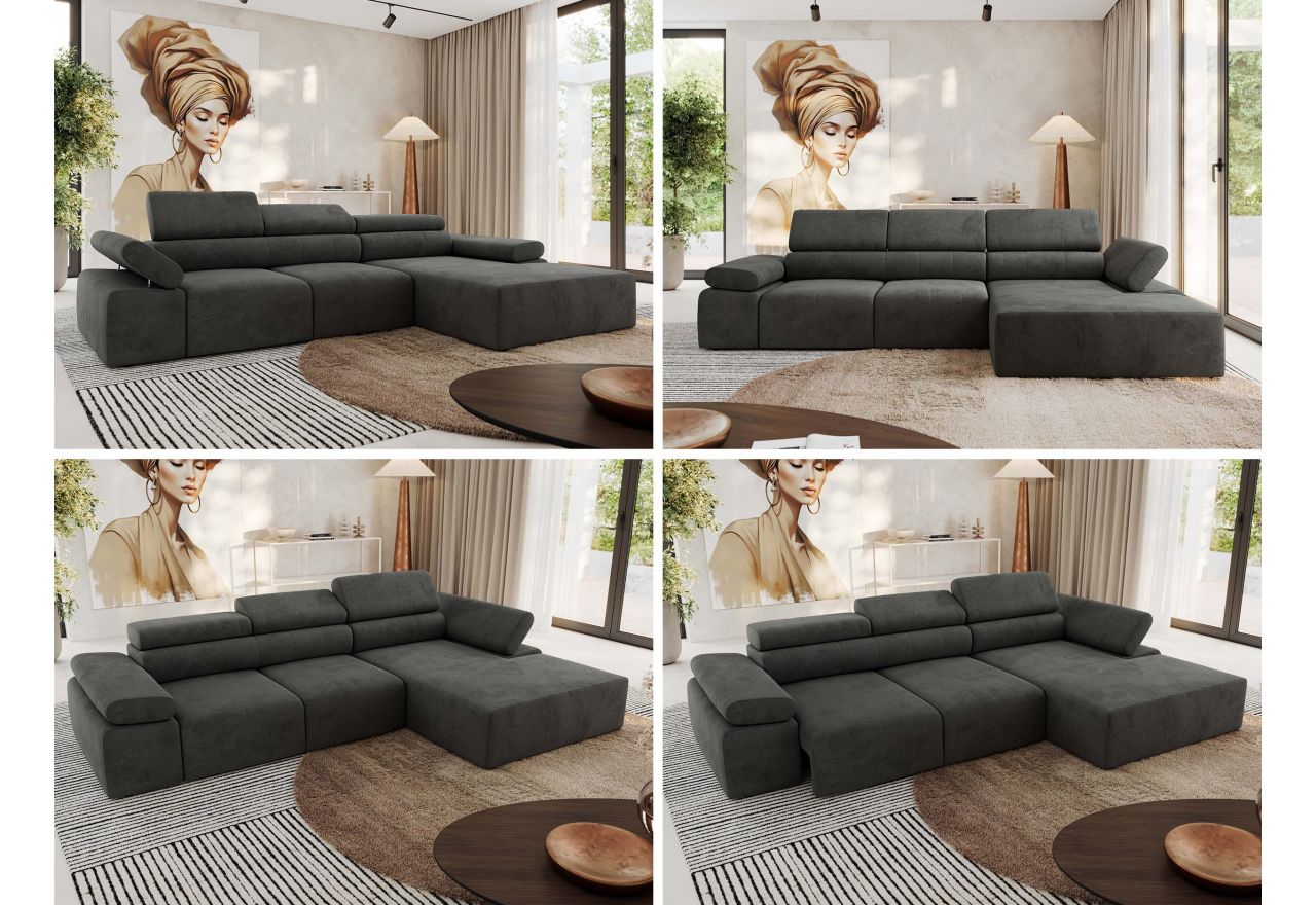 Narożnik z elektrycznym sterowaniem RILASSO L - strona prawa - ciemnoszary, welwet