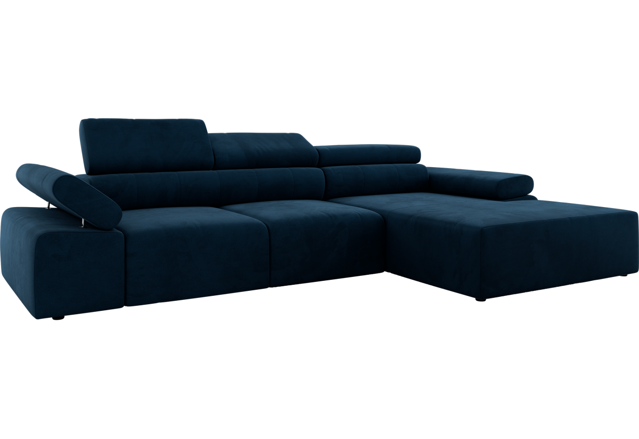 Narożnik z elektrycznym sterowaniem RILASSO L - strona prawa - ciemnoniebieski, welwet