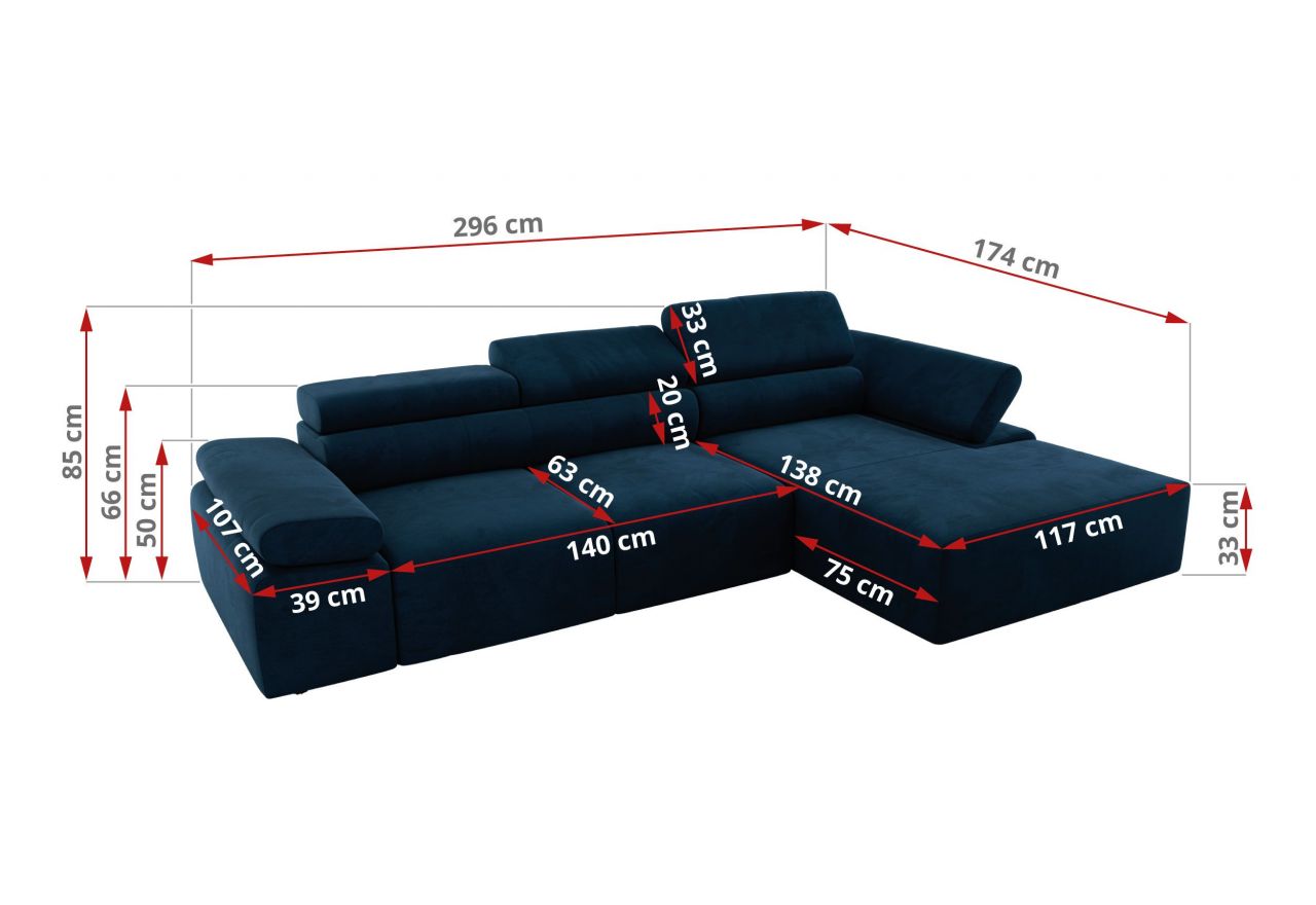 Narożnik z elektrycznym sterowaniem RILASSO L - strona prawa - ciemnoniebieski, welwet