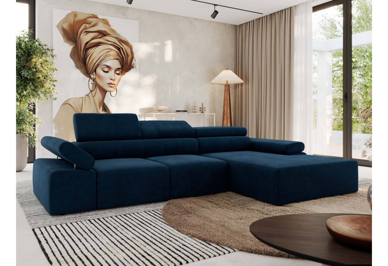 Narożnik z elektrycznym sterowaniem RILASSO L - strona prawa - ciemnoniebieski, welwet