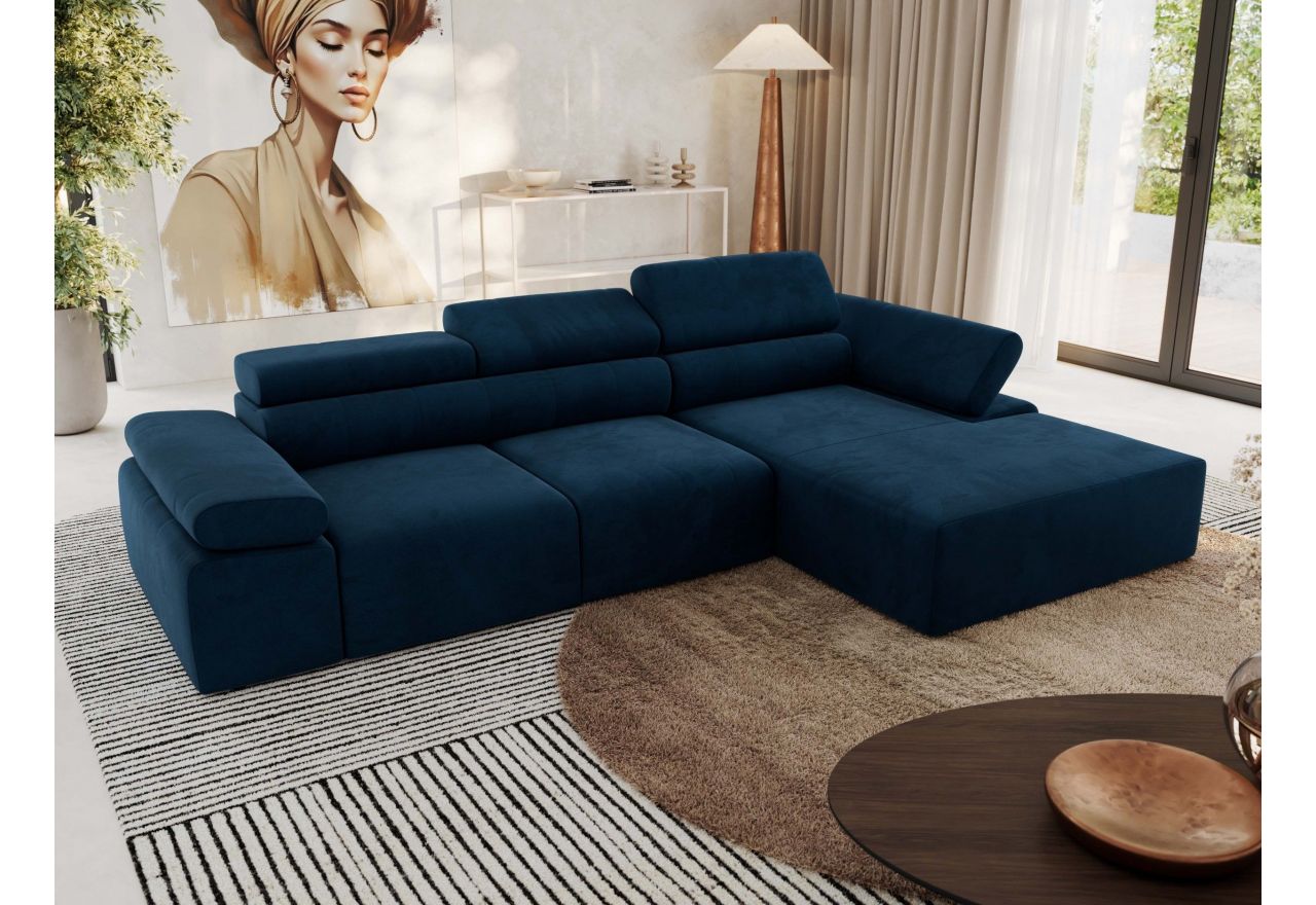 Narożnik z elektrycznym sterowaniem RILASSO L - strona prawa - ciemnoniebieski, welwet