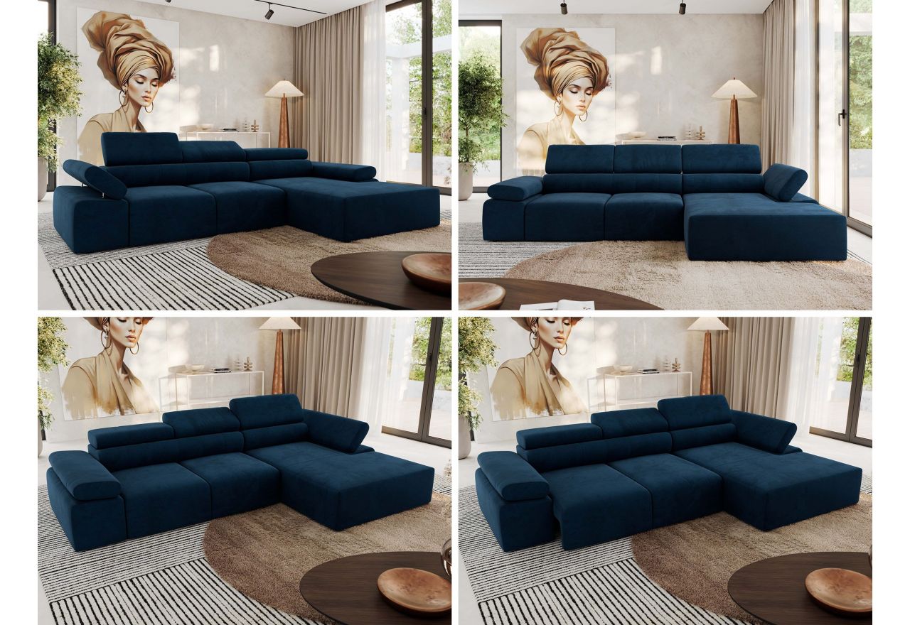 Narożnik z elektrycznym sterowaniem RILASSO L - strona prawa - ciemnoniebieski, welwet