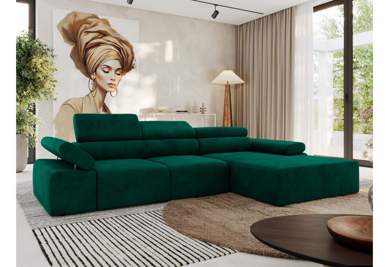 Narożnik z elektrycznym sterowaniem RILASSO L - strona prawa - ciemnozielony, welwet