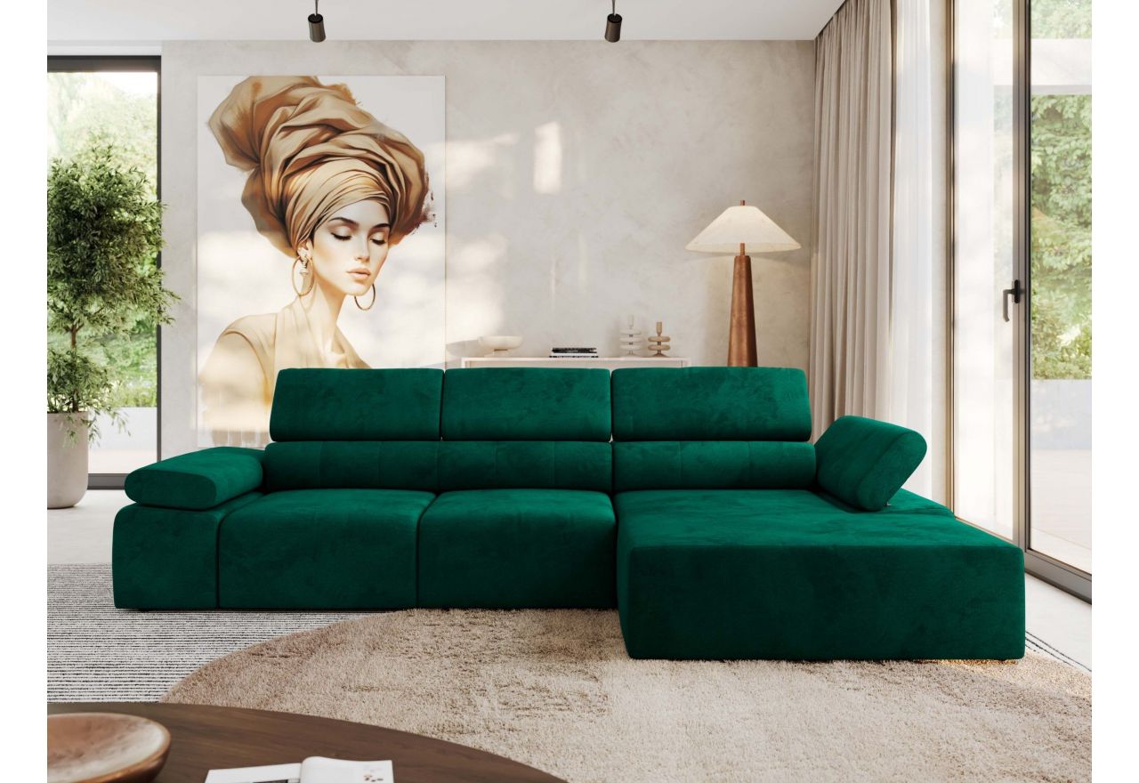 Narożnik z elektrycznym sterowaniem RILASSO L - strona prawa - ciemnozielony, welwet