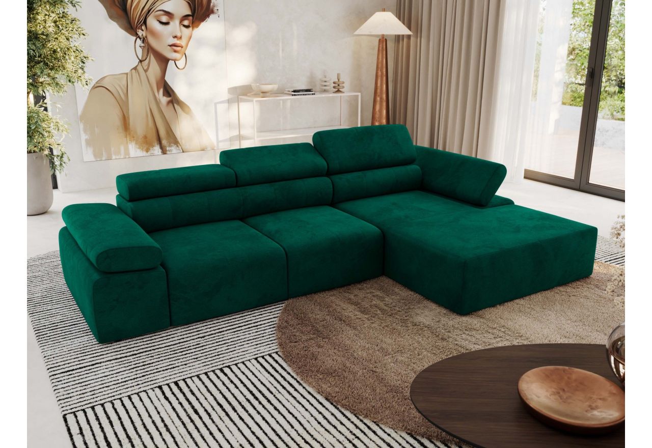 Narożnik z elektrycznym sterowaniem RILASSO L - strona prawa - ciemnozielony, welwet