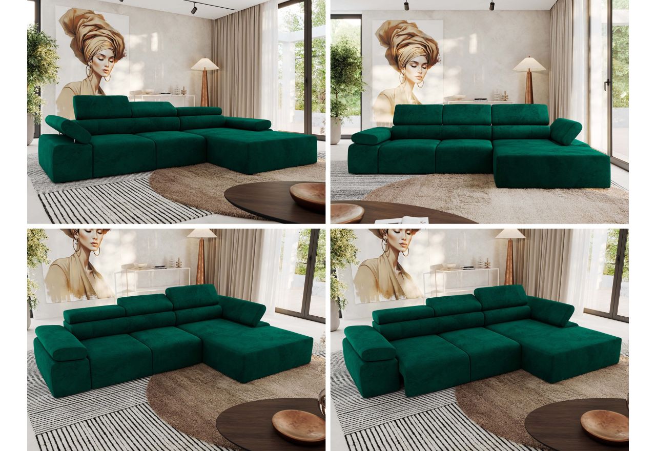 Narożnik z elektrycznym sterowaniem RILASSO L - strona prawa - ciemnozielony, welwet