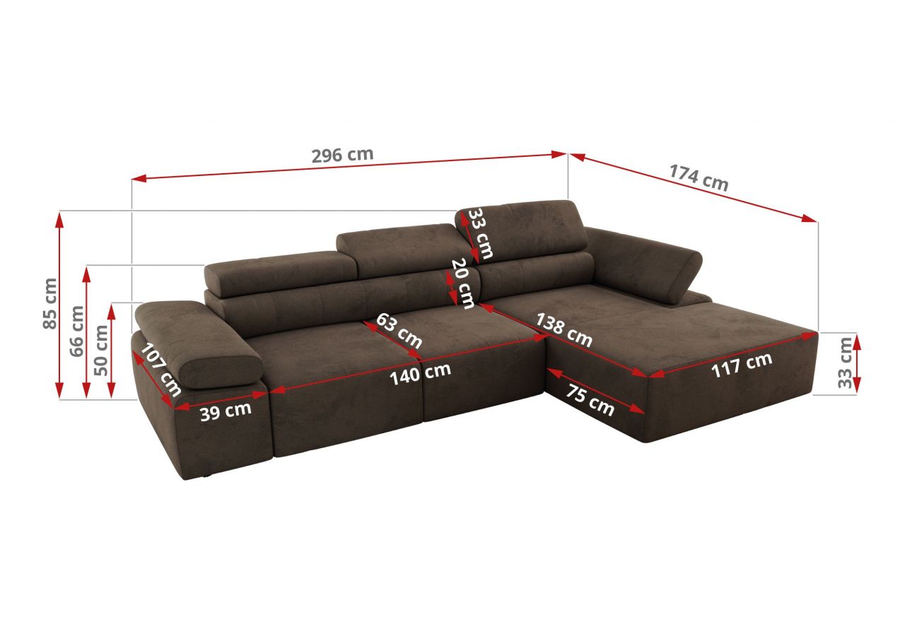 Narożnik z elektrycznym sterowaniem RILASSO L - strona prawa - brązowy, welwet