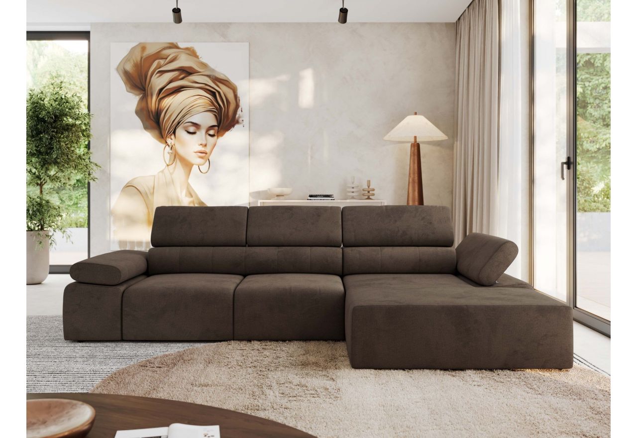 Narożnik z elektrycznym sterowaniem RILASSO L - strona prawa - brązowy, welwet