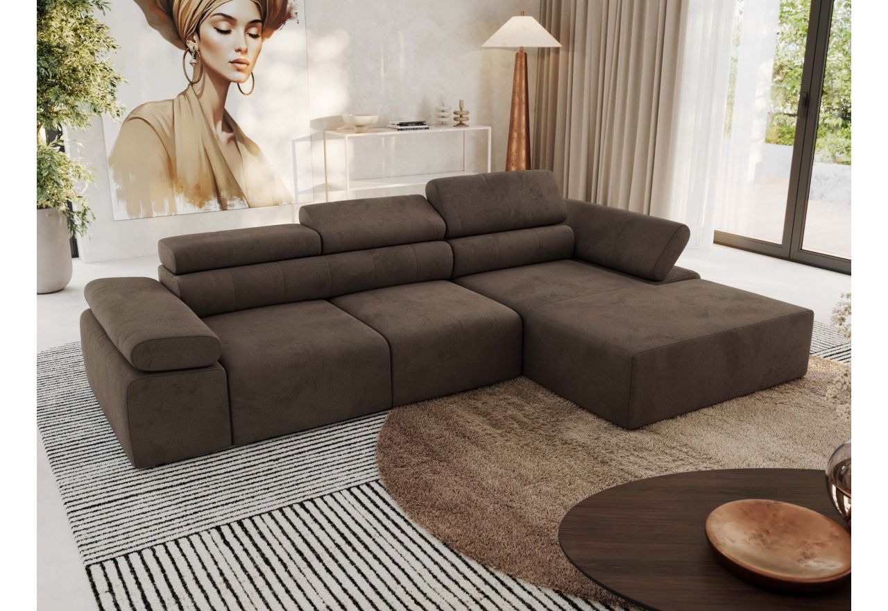 Narożnik z elektrycznym sterowaniem RILASSO L - strona prawa - brązowy, welwet