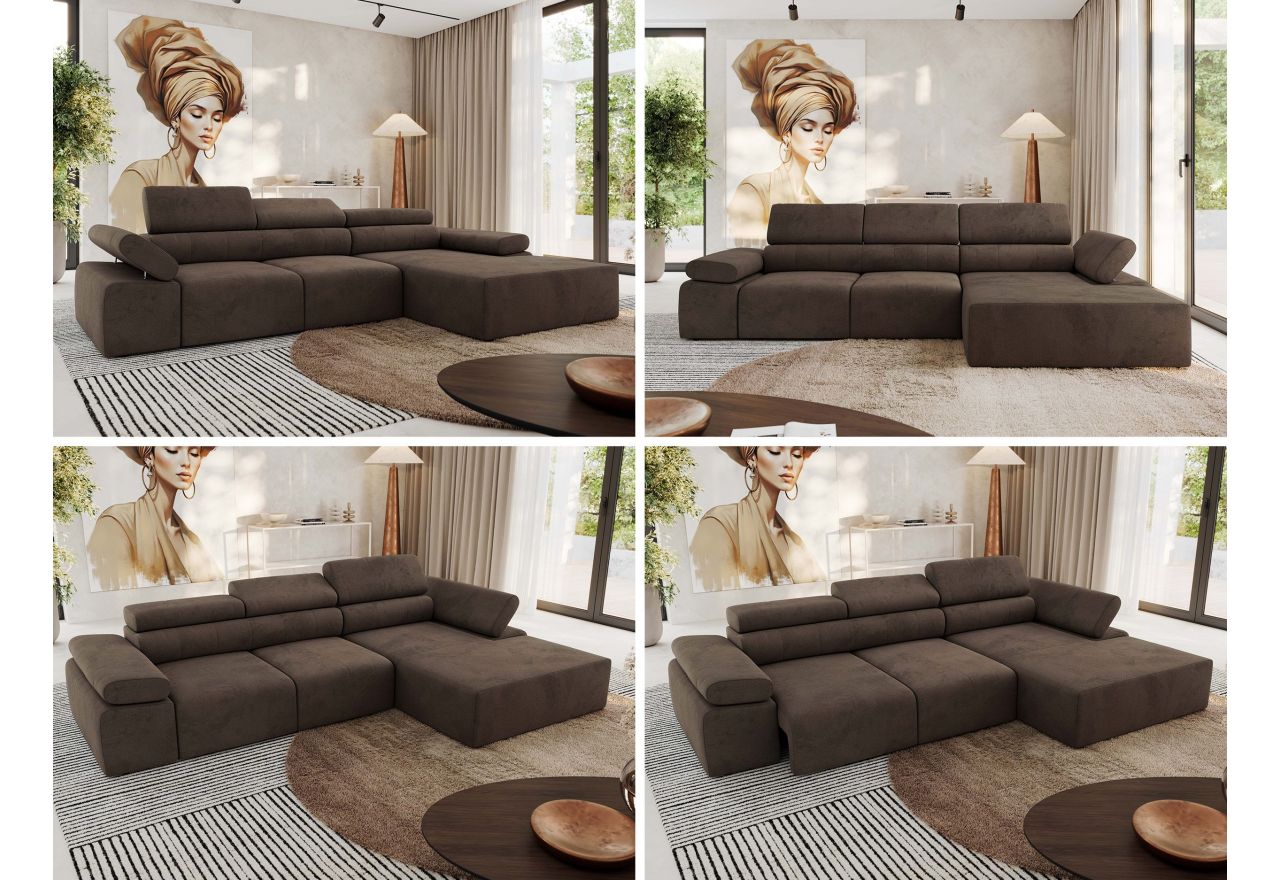 Narożnik z elektrycznym sterowaniem RILASSO L - strona prawa - brązowy, welwet