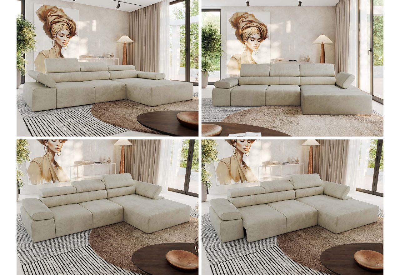 Narożnik z elektrycznym sterowaniem RILASSO L - strona prawa - beżowy, welwet