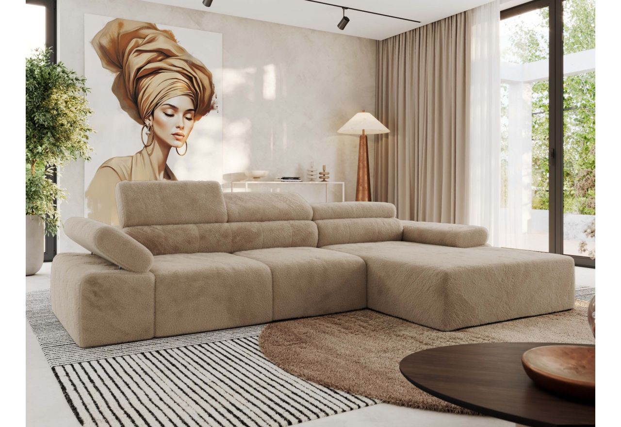 Narożnik z elektrycznym sterowaniem RILASSO L - strona prawa - beżowy, plusz