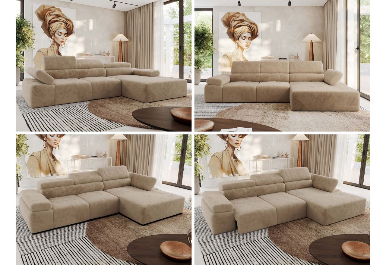 Narożnik z elektrycznym sterowaniem RILASSO L - strona prawa - beżowy, plusz