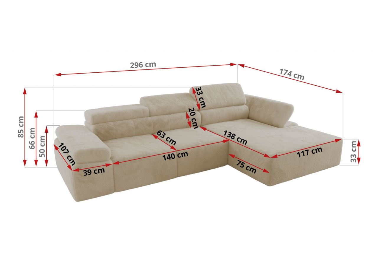 Narożnik z elektrycznym sterowaniem RILASSO L - strona prawa - kremowy, plusz