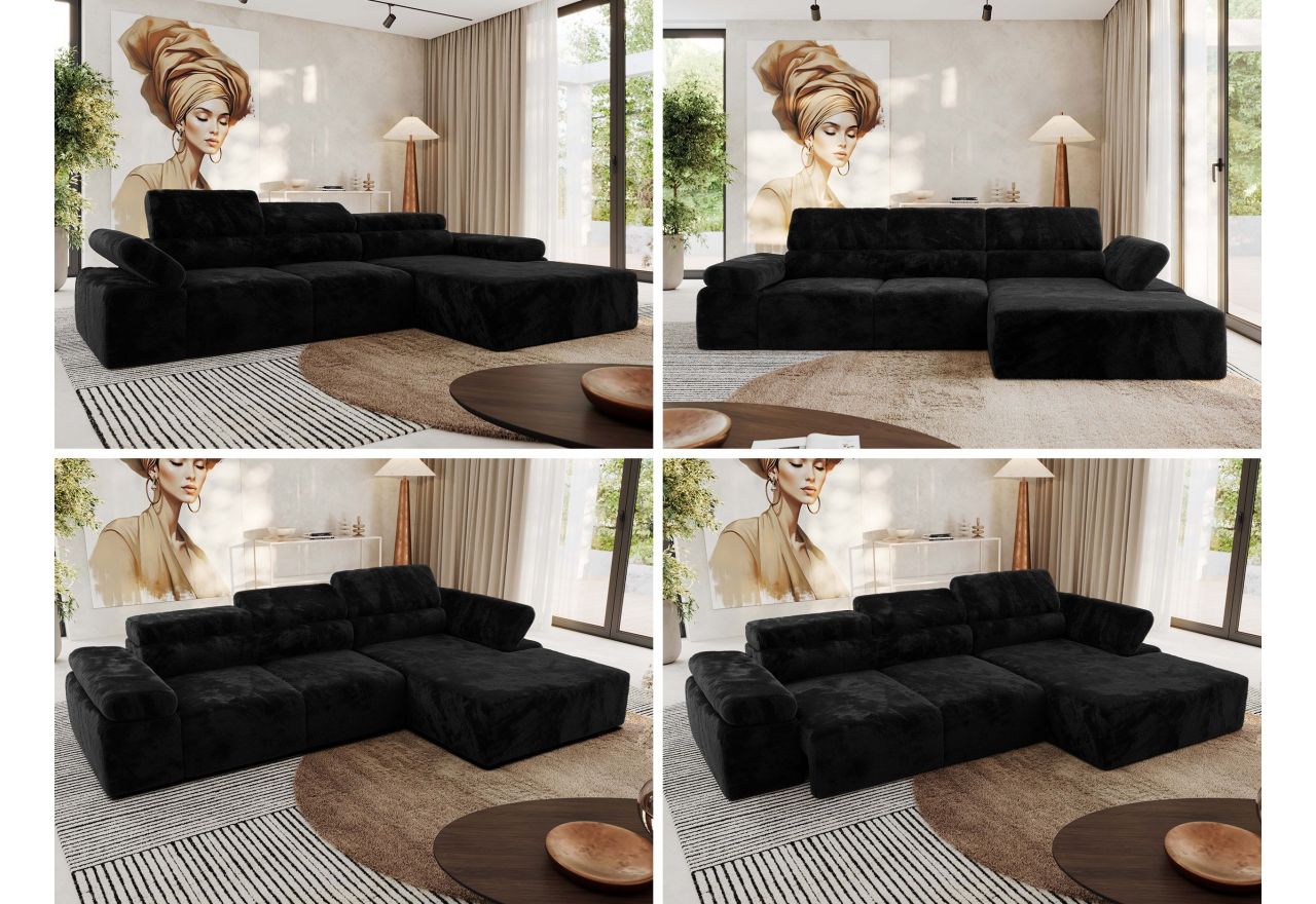 Narożnik z elektrycznym sterowaniem RILASSO L - strona prawa - czarny, plusz