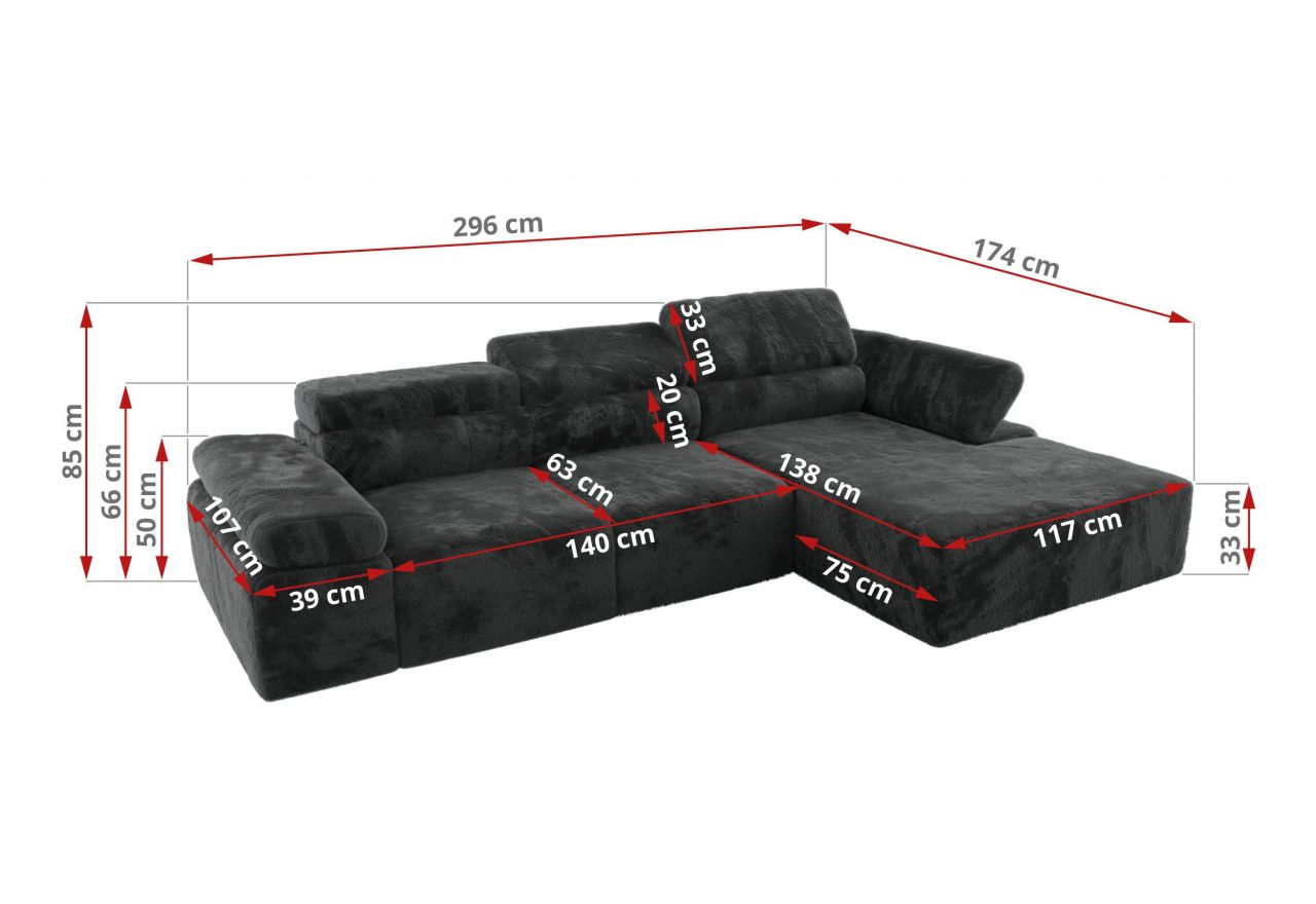 Narożnik z elektrycznym sterowaniem RILASSO L - strona prawa - ciemnoszary, plusz