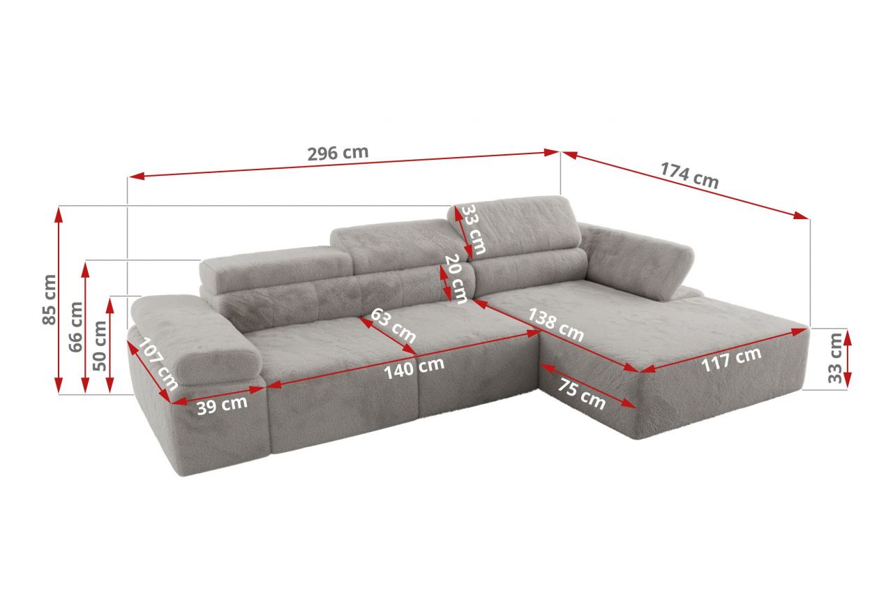 Narożnik z elektrycznym sterowaniem RILASSO L - strona prawa - jasnoszary, plusz