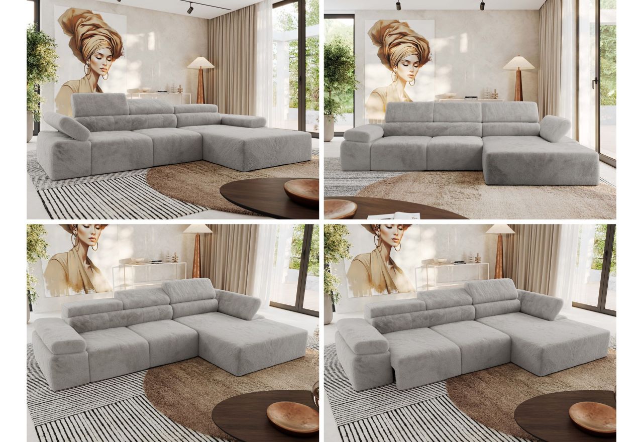 Narożnik z elektrycznym sterowaniem RILASSO L - strona prawa - jasnoszary, plusz