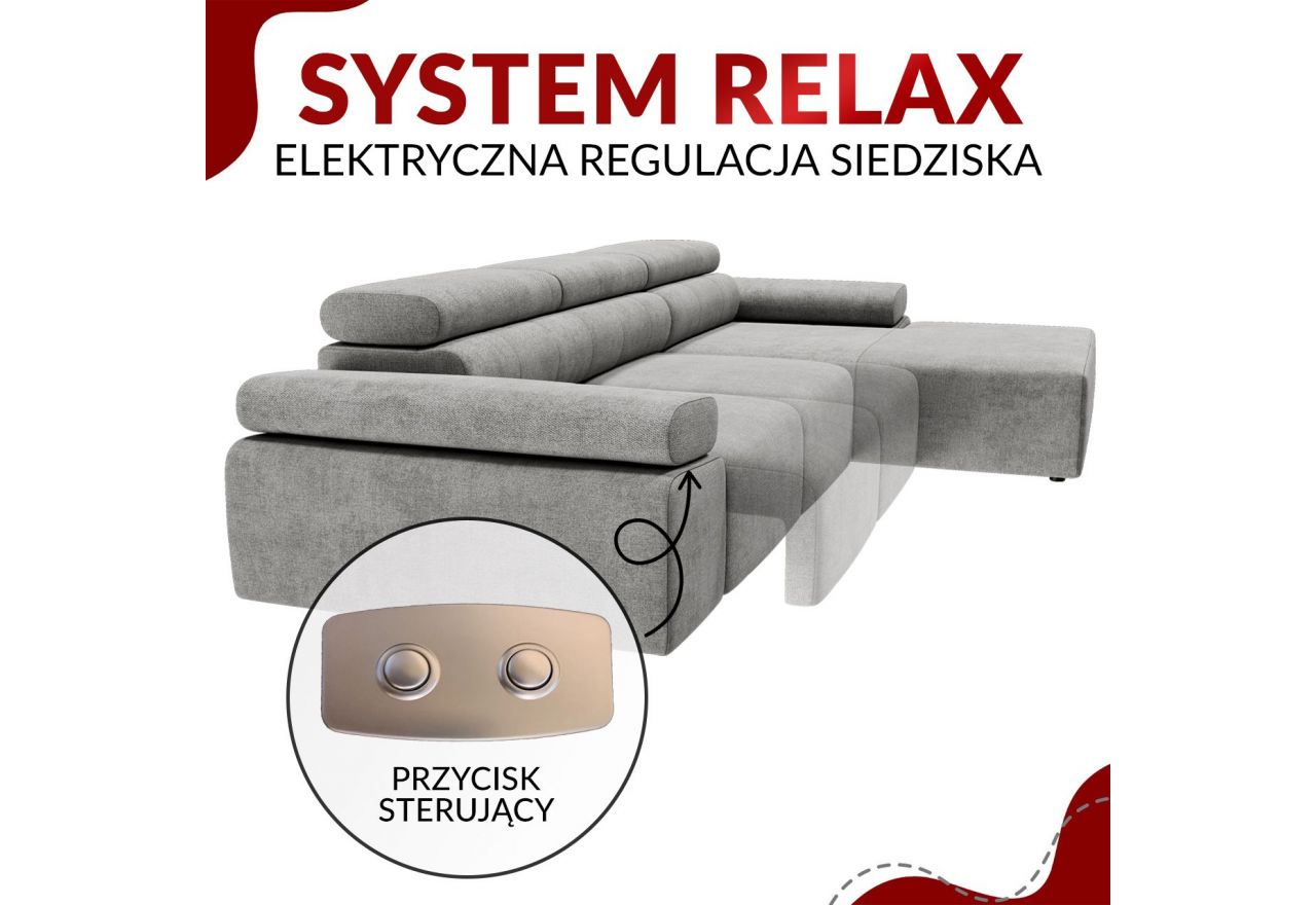 Narożnik z elektrycznym sterowaniem RILASSO L - strona lewa - szary, sztruks