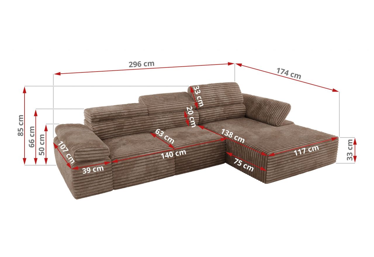 Narożnik z elektrycznym sterowaniem RILASSO L - strona lewa - brązowy, sztruks