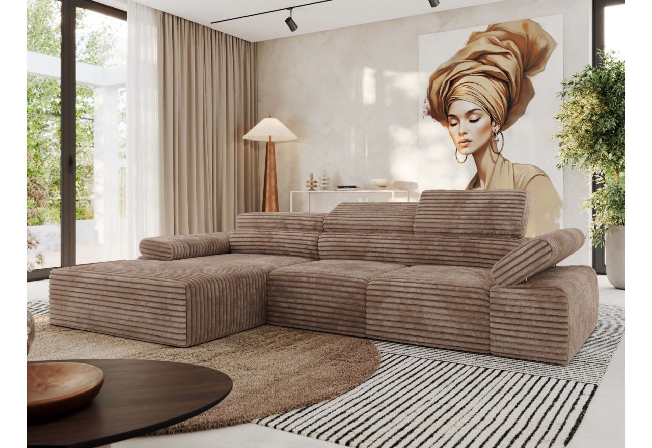 Narożnik z elektrycznym sterowaniem RILASSO L - strona lewa - brązowy, sztruks