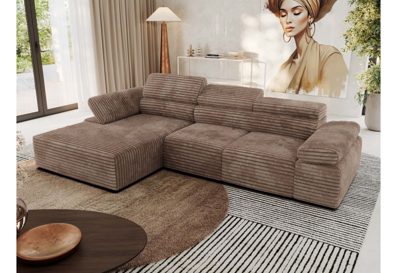 Narożnik z elektrycznym sterowaniem RILASSO L - strona lewa - brązowy, sztruks