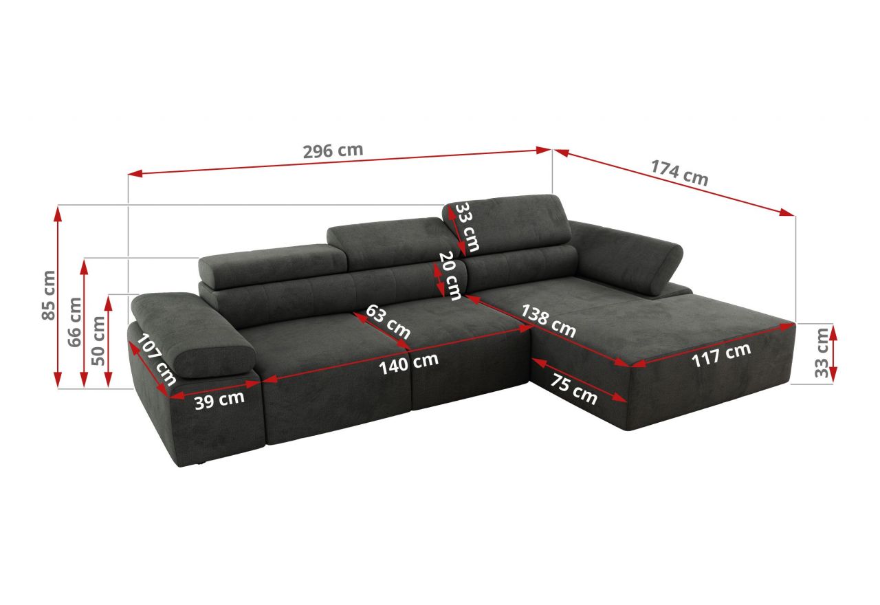 Narożnik z elektrycznym sterowaniem RILASSO L - strona lewa - ciemnoszary, welwet