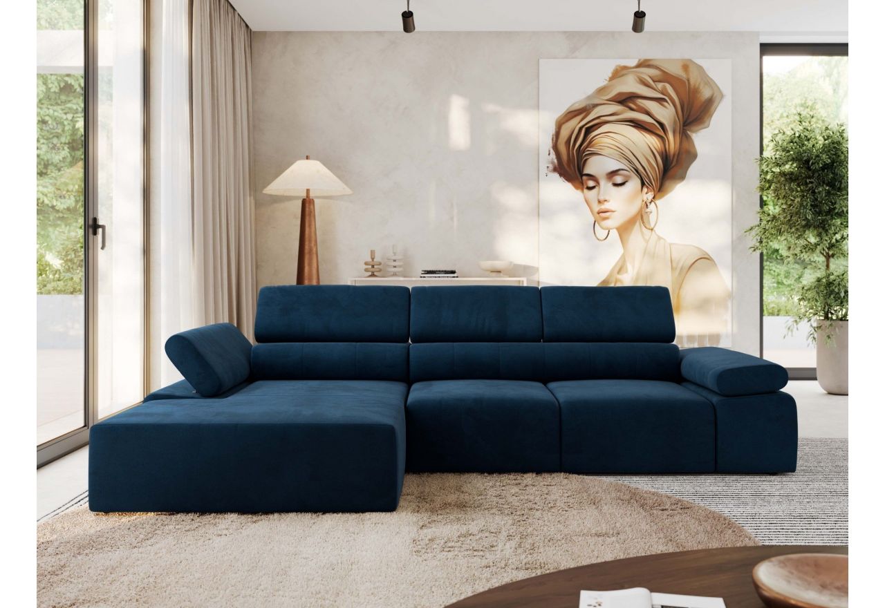 Narożnik z elektrycznym sterowaniem RILASSO L - strona lewa - ciemnoniebieski, welwet