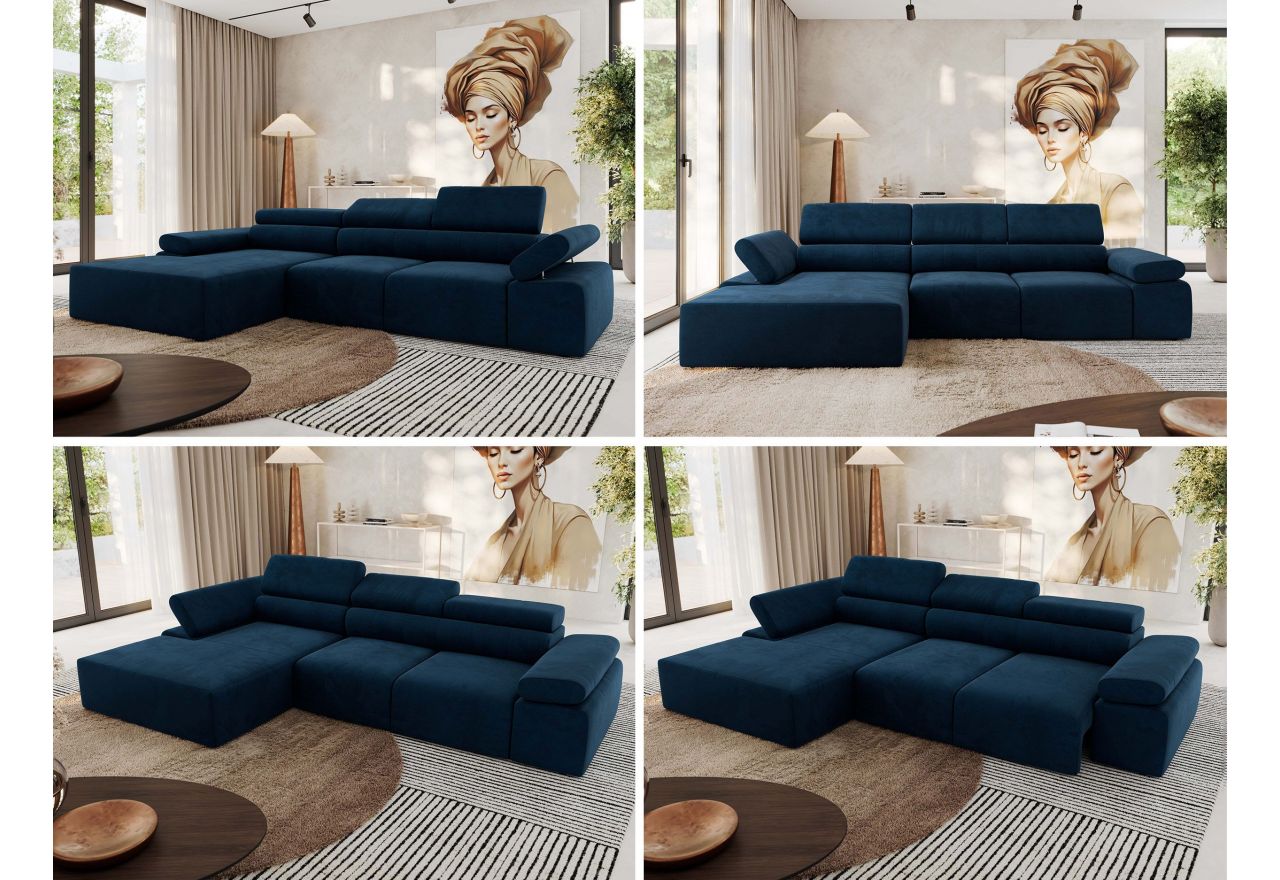 Narożnik z elektrycznym sterowaniem RILASSO L - strona lewa - ciemnoniebieski, welwet